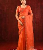 Bright orange embroidered organza saree set