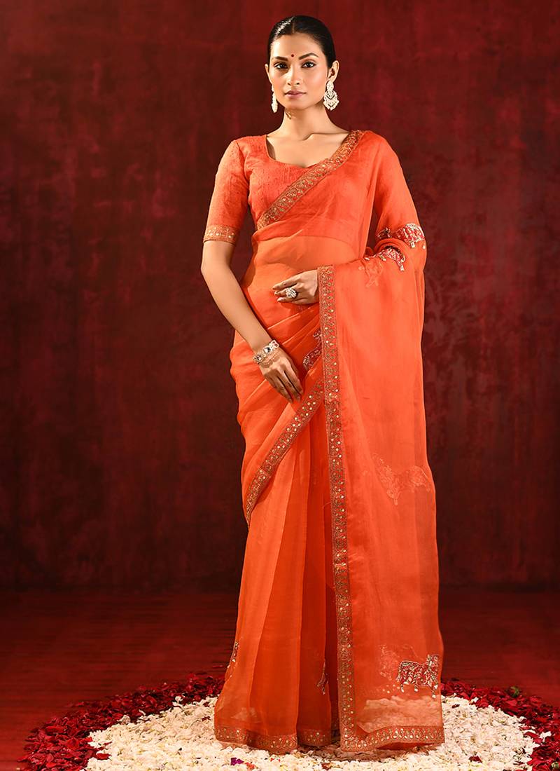 Bright orange embroidered organza saree set