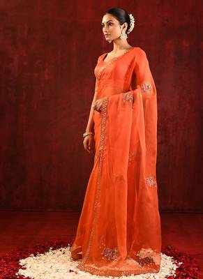 Bright orange embroidered organza saree set 2