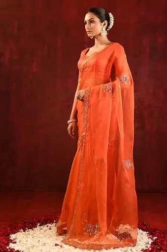 Bright orange embroidered organza saree set