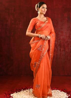 Bright orange embroidered organza saree set 3
