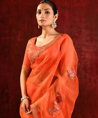 Bright orange embroidered organza saree set 4