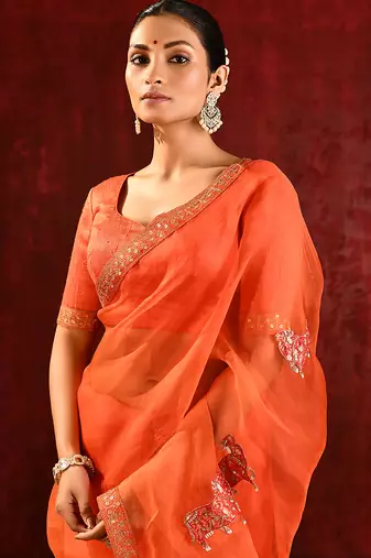 Bright orange embroidered organza saree set