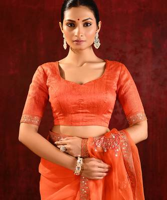 Bright orange embroidered organza saree set 5