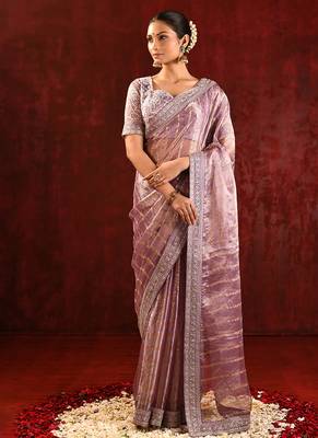 Mauve pink embroidered tissue saree set 1