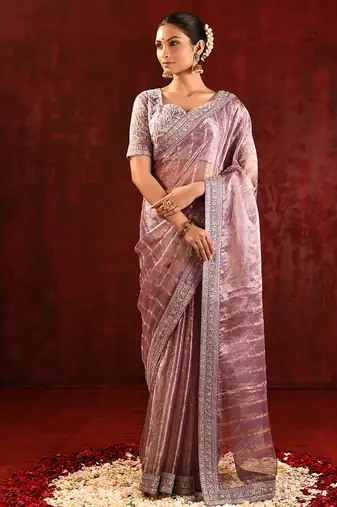 Mauve pink embroidered tissue saree set