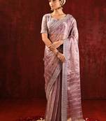 Mauve pink embroidered tissue saree set