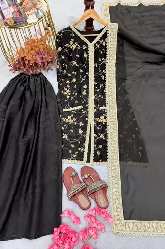 Black fendi silk blend embroidered palazzo suit