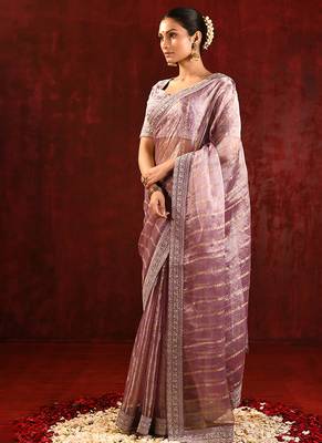 Mauve pink embroidered tissue saree set 2
