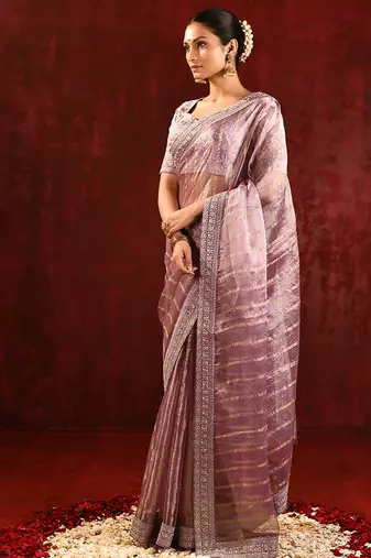 Mauve pink embroidered tissue saree set