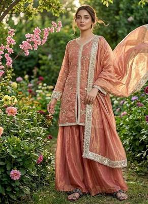 Peach fendi silk blend embroidered palazzo suit 1
