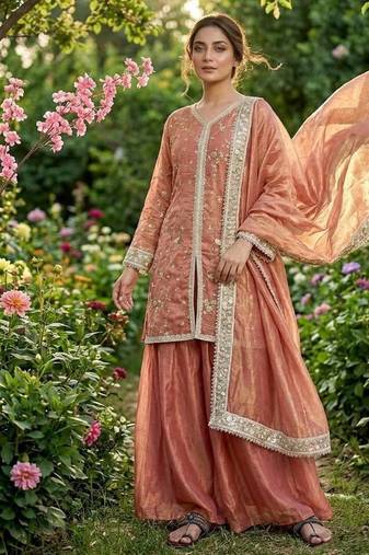 Peach fendi silk blend embroidered palazzo suit