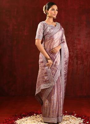 Mauve pink embroidered tissue saree set 3