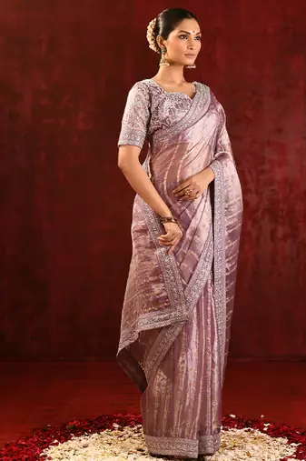 Mauve pink embroidered tissue saree set