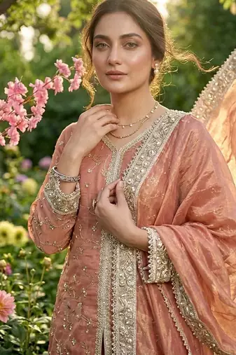 Peach fendi silk blend embroidered palazzo suit