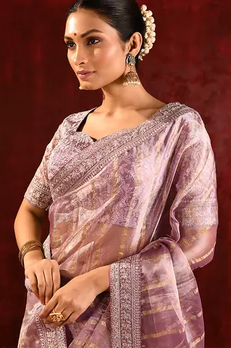 Mauve pink embroidered tissue saree set