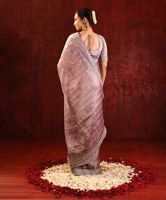 Mauve pink embroidered tissue saree set 5