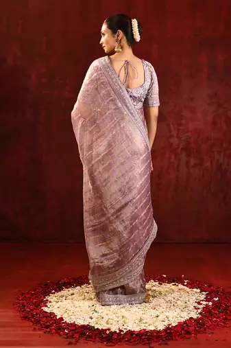 Mauve pink embroidered tissue saree set