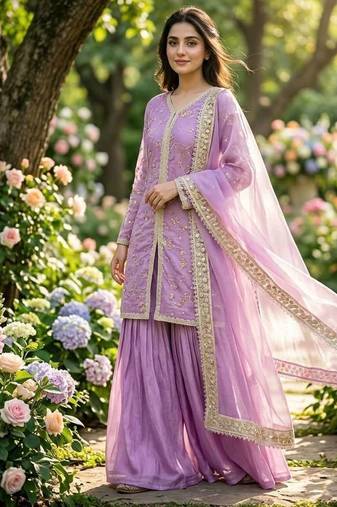 Lilac fendi silk blend embroidered palazzo suit