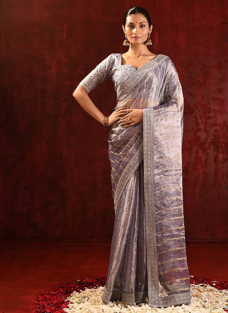 Slate grey embroidered tissue saree set