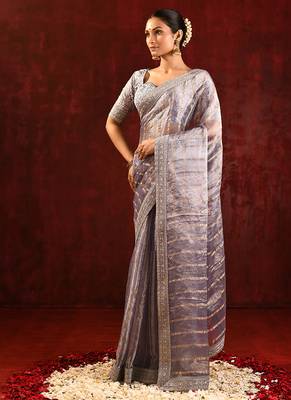 Slate grey embroidered tissue saree set 2