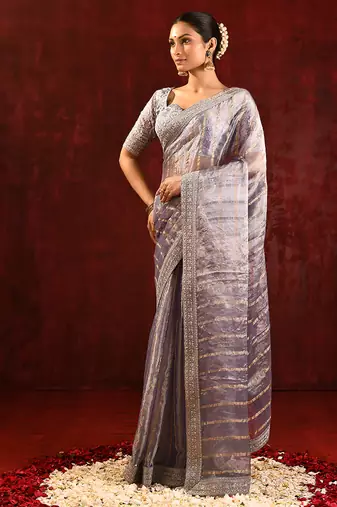 Slate grey embroidered tissue saree set
