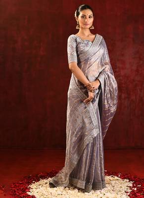 Slate grey embroidered tissue saree set 3