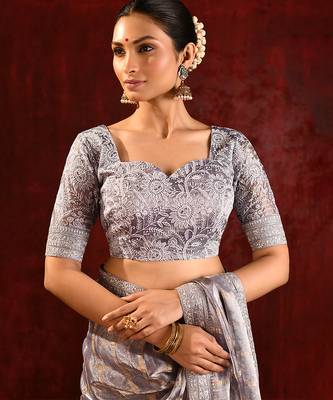 Slate grey embroidered tissue saree set 4