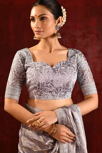 Slate grey embroidered tissue saree set