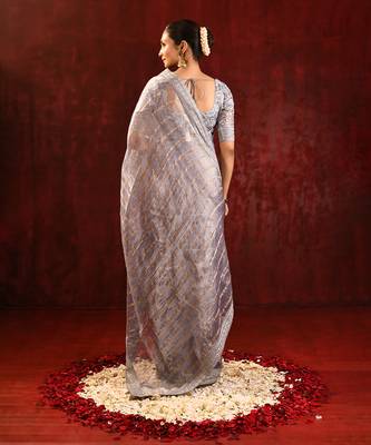 Slate grey embroidered tissue saree set 5