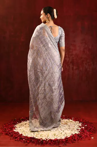 Slate grey embroidered tissue saree set