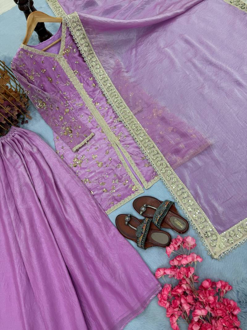 Lilac fendi silk blend embroidered palazzo suit