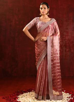 Dusty pink embroidered tissue saree set 1