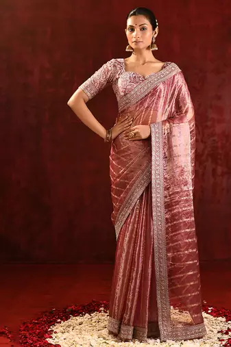 Dusty pink embroidered tissue saree set