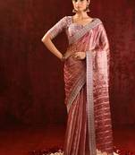 Dusty pink embroidered tissue saree set