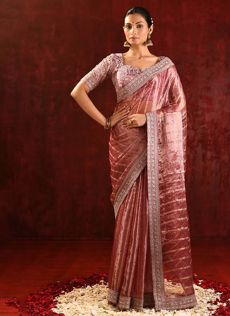 Dusty pink embroidered tissue saree set