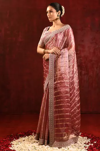 Dusty pink embroidered tissue saree set