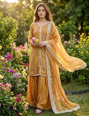 Mustard yellow fendi silk blend embroidered palazzo suit 1