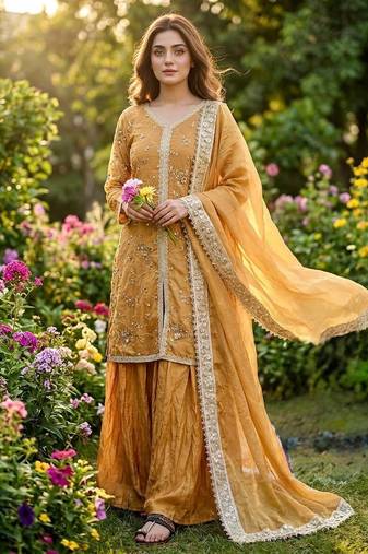 Mustard yellow fendi silk blend embroidered palazzo suit