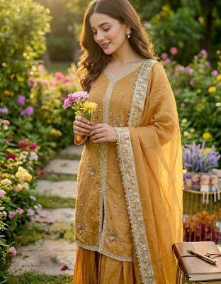 Mustard yellow fendi silk blend embroidered palazzo suit 2