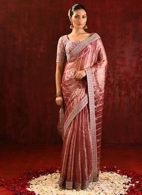 Dusty pink embroidered tissue saree set 3