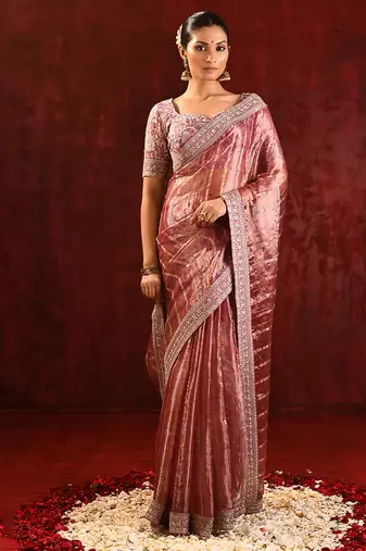 Dusty pink embroidered tissue saree set