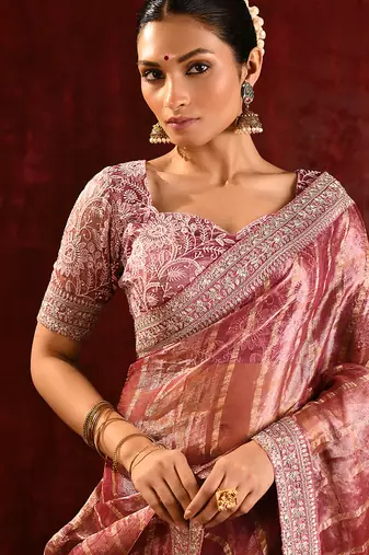 Dusty pink embroidered tissue saree set