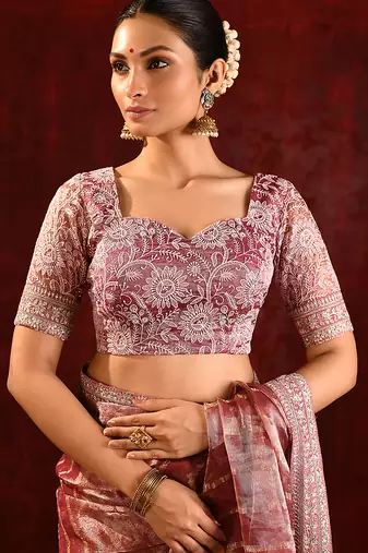 Dusty pink embroidered tissue saree set