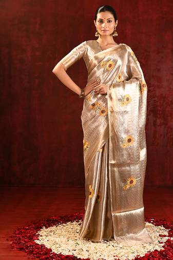 Champagne gold yellow embroidered tissue saree set
