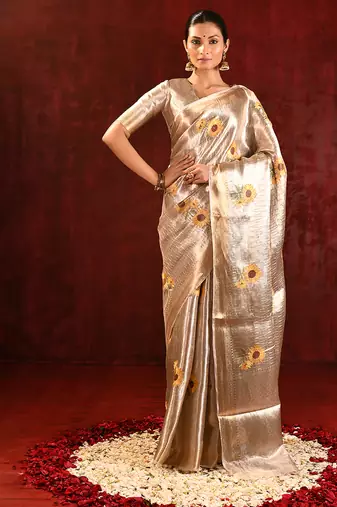 Champagne gold yellow embroidered tissue saree set