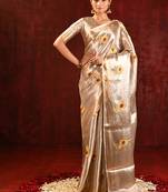 Champagne gold yellow embroidered tissue saree set