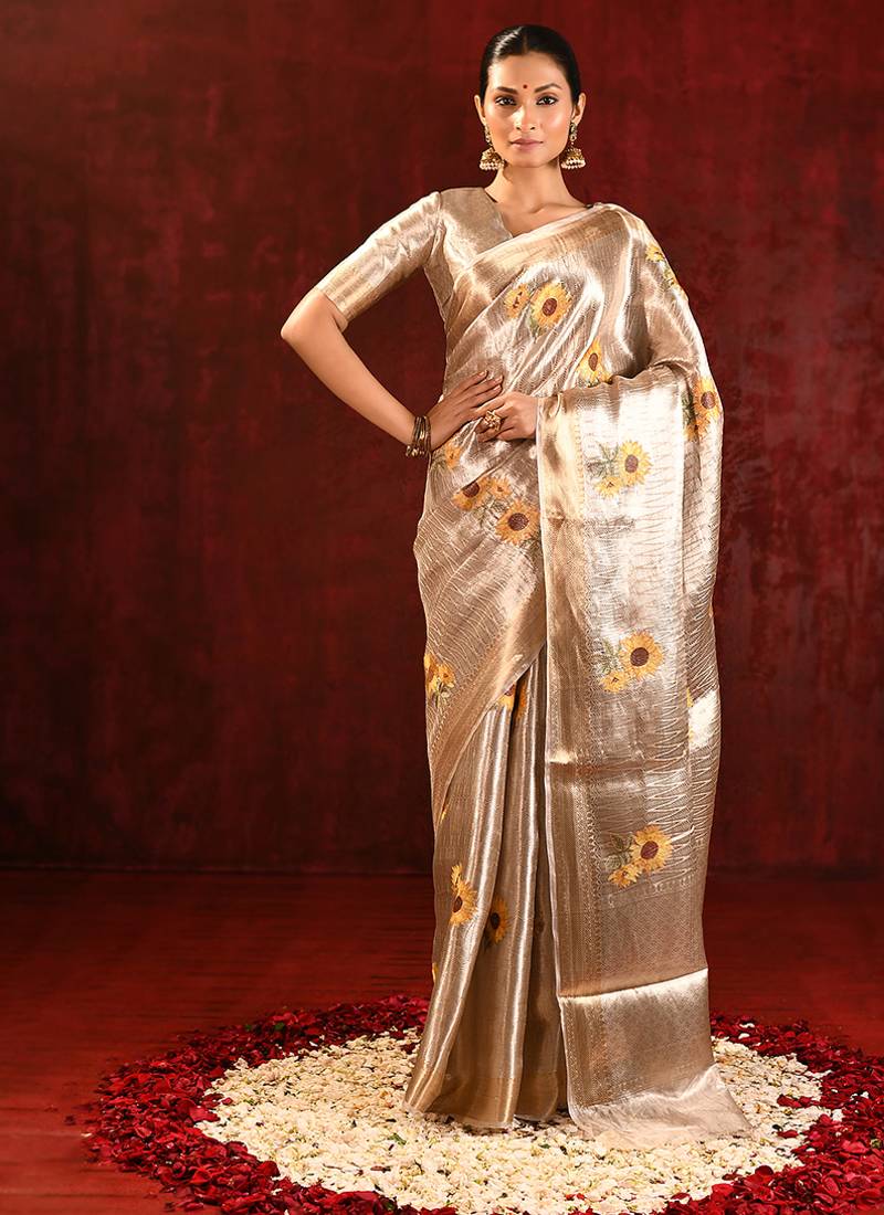 Champagne gold yellow embroidered tissue saree set