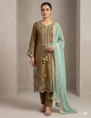 Olive mustard embroidered glass roman suit set 1