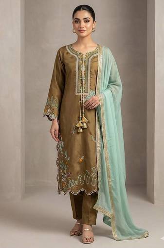 Olive mustard embroidered glass roman suit set
